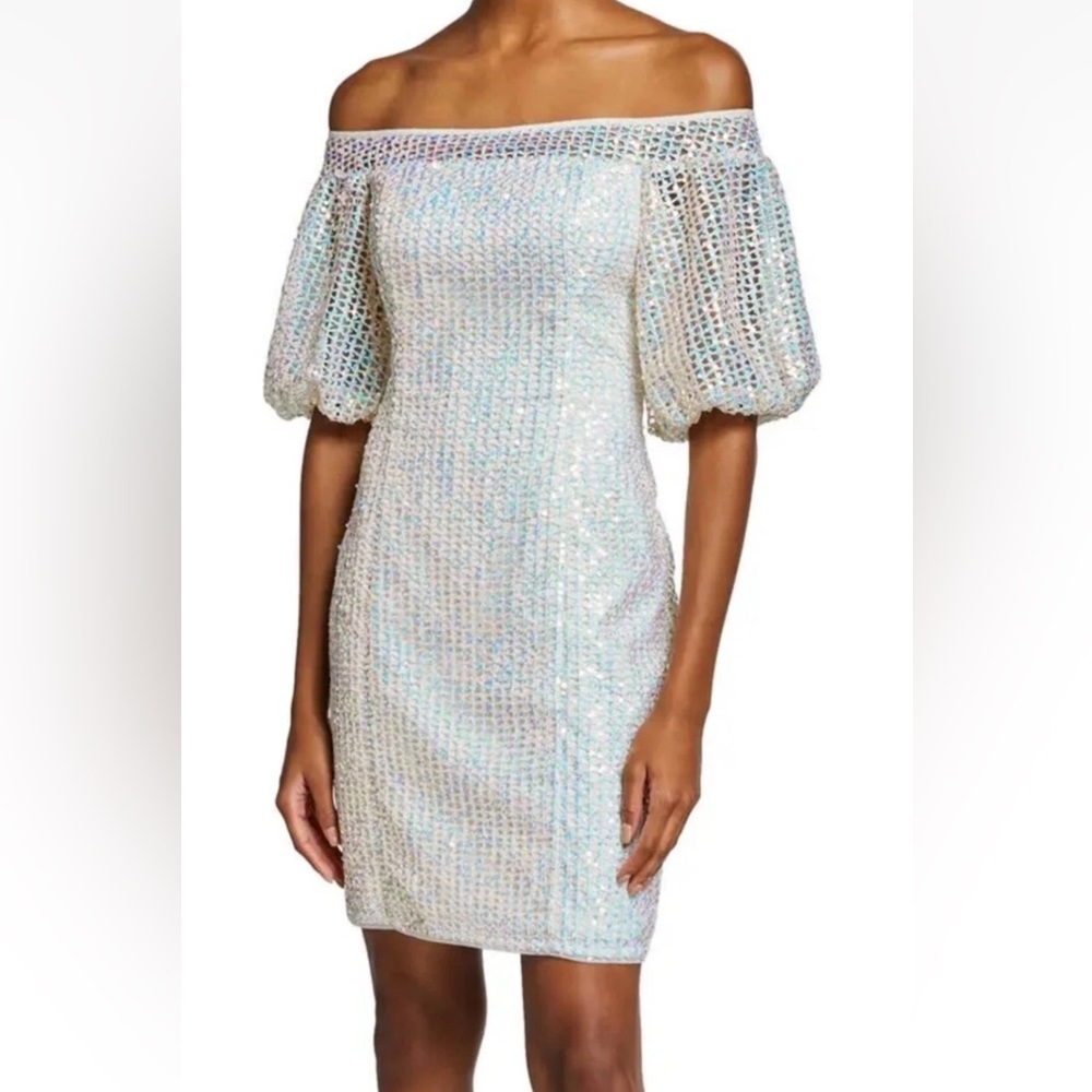 Aidan Mattox Sequin & Lace Off The Shoulder Ivory Dress Sz 10